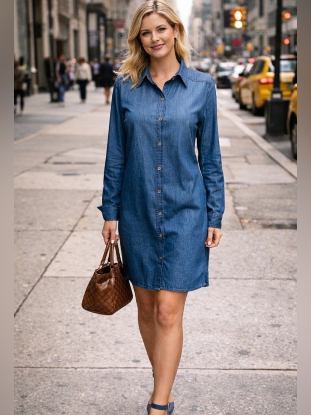 EUC Chic Connection SZ L blue denim look Button-Up Shirt Dress/bust 44”/PTP 22”